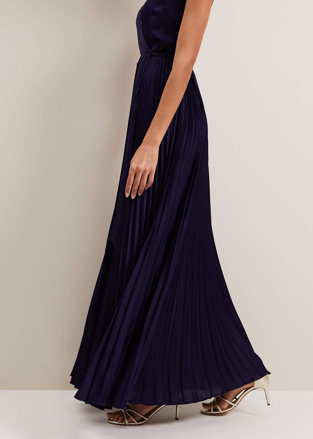 Bonnie Pleat Wrap Satin Maxi Dress Navy