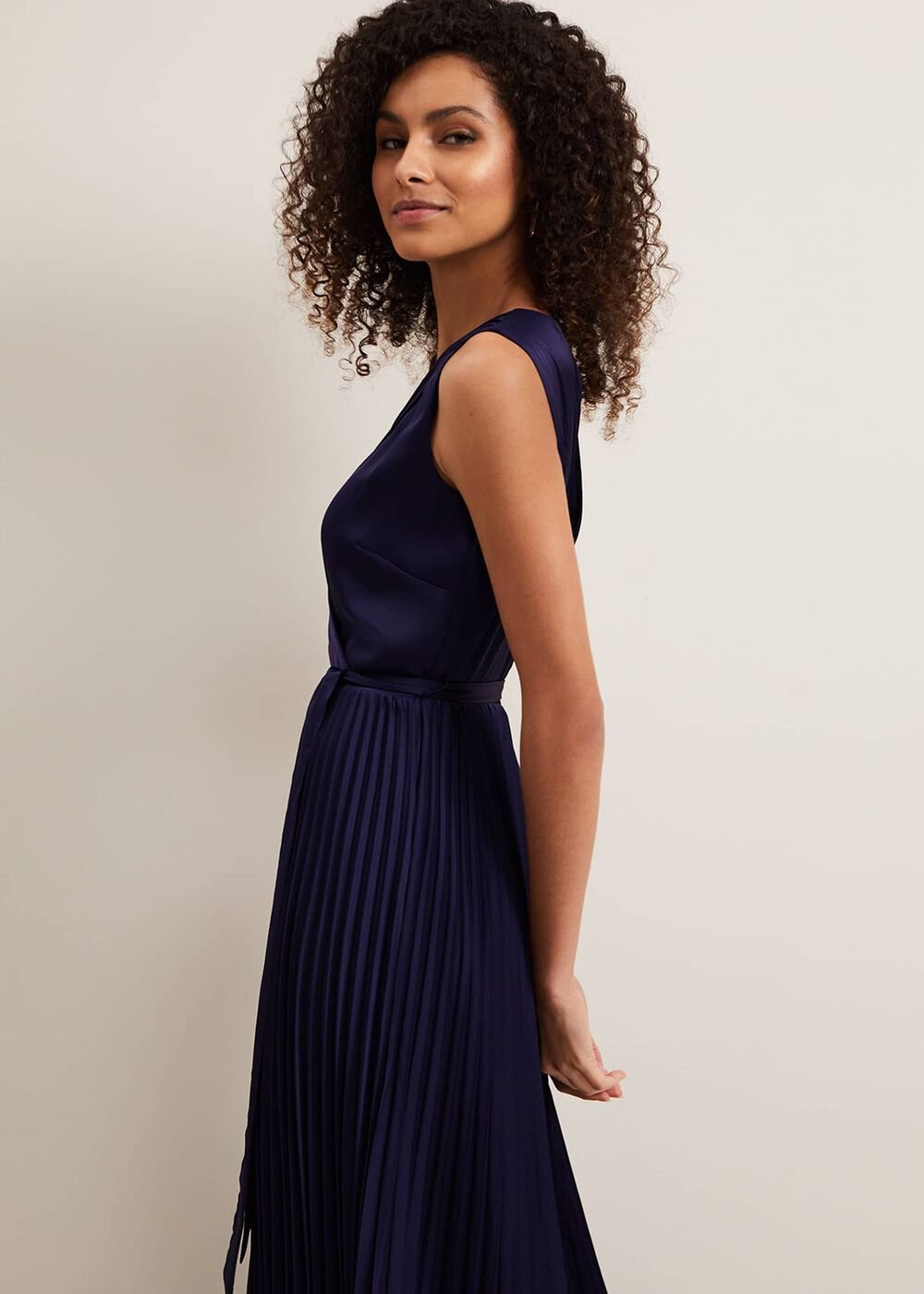 Bonnie Pleat Wrap Satin Maxi Dress Navy