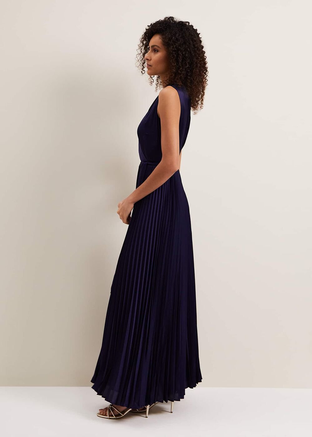 Bonnie Pleat Wrap Satin Maxi Dress Navy