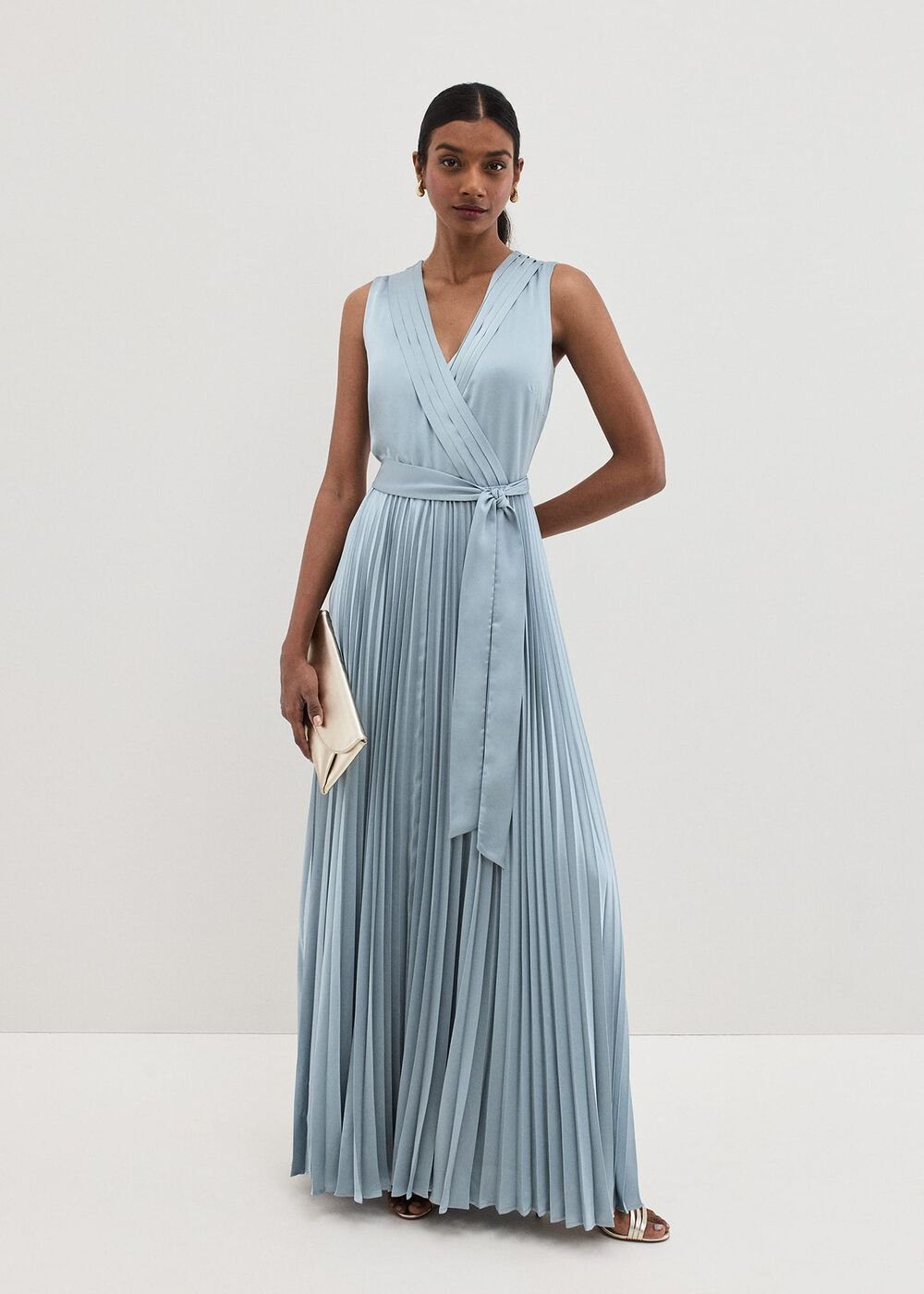 Bonnie Pleat Wrap Satin Maxi Dress Light Green