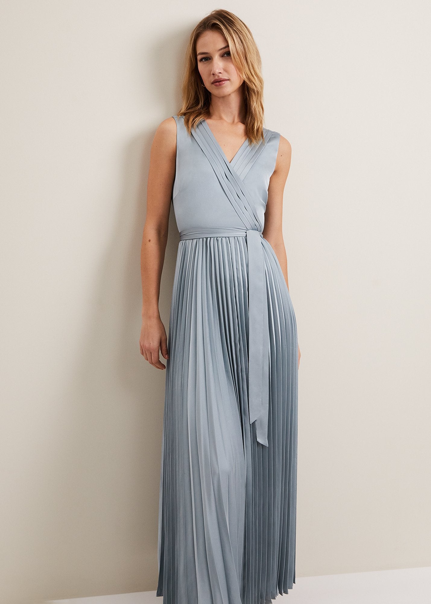 Bonnie Pleat Wrap Satin Maxi Dress Light Green