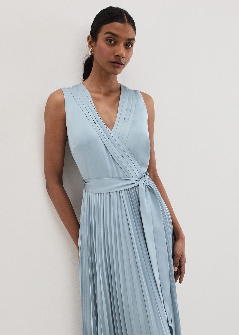 Bonnie Pleat Wrap Satin Maxi Dress Light Green