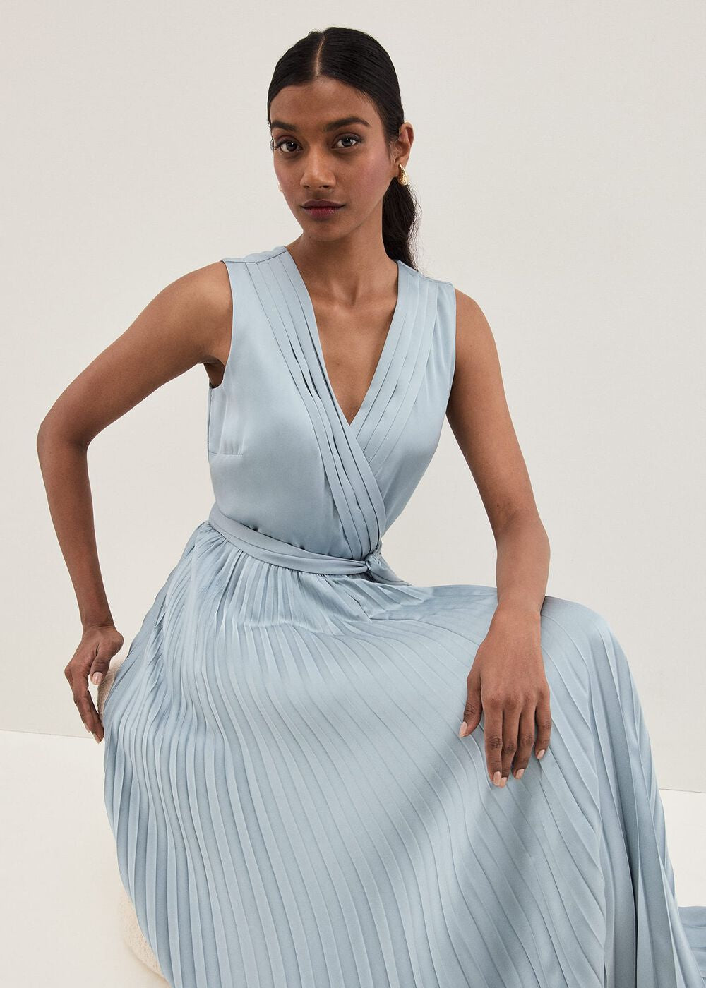 Bonnie Pleat Wrap Satin Maxi Dress Light Green