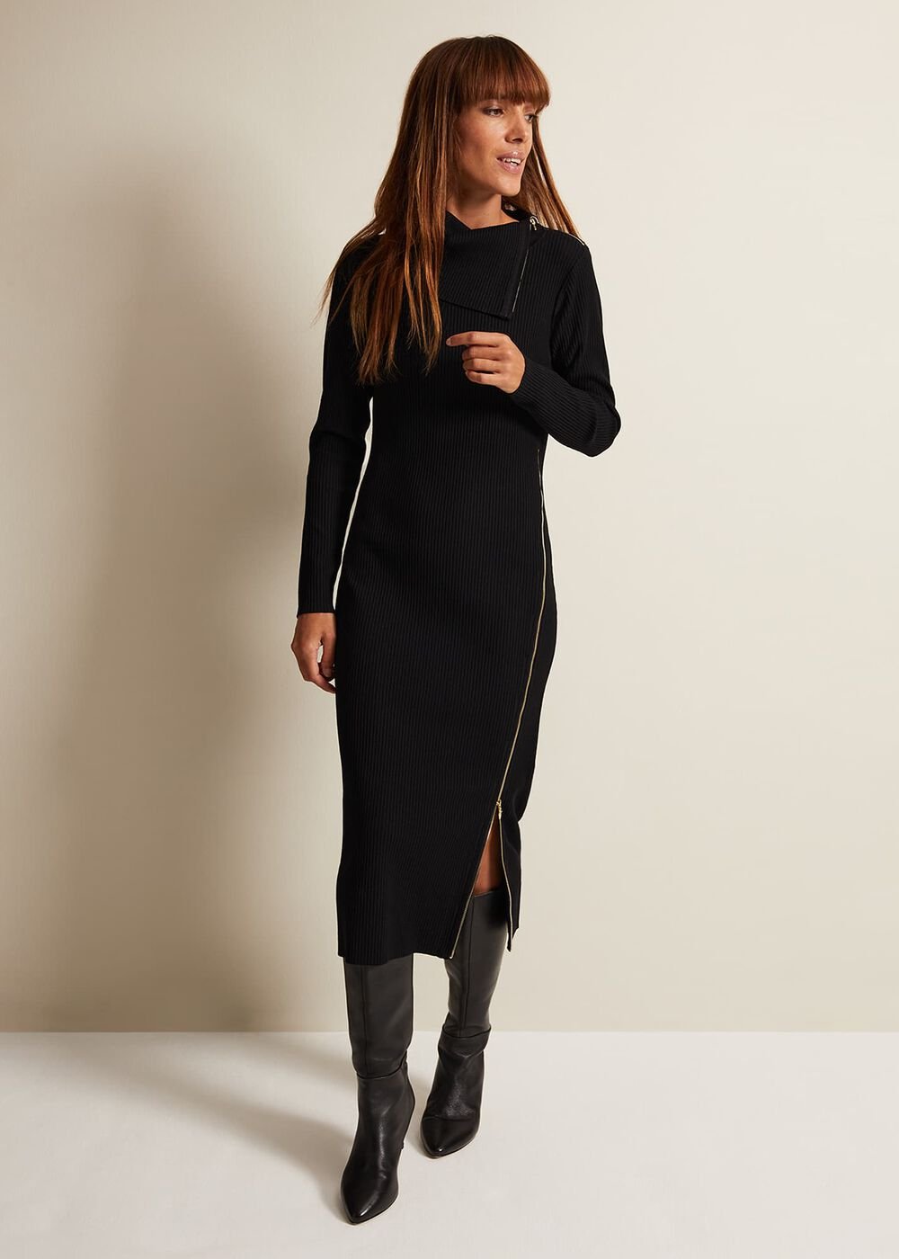 Hartley Zip Ribbed Column Dress Black