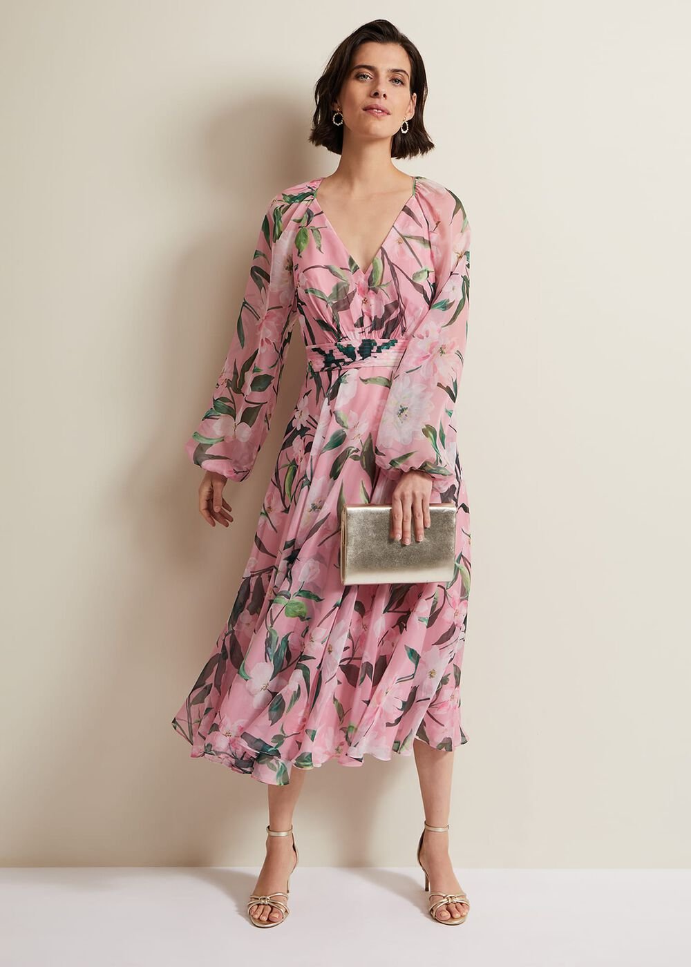 Lina Printed Long Sleeve Midi Dress Multi-Coloured