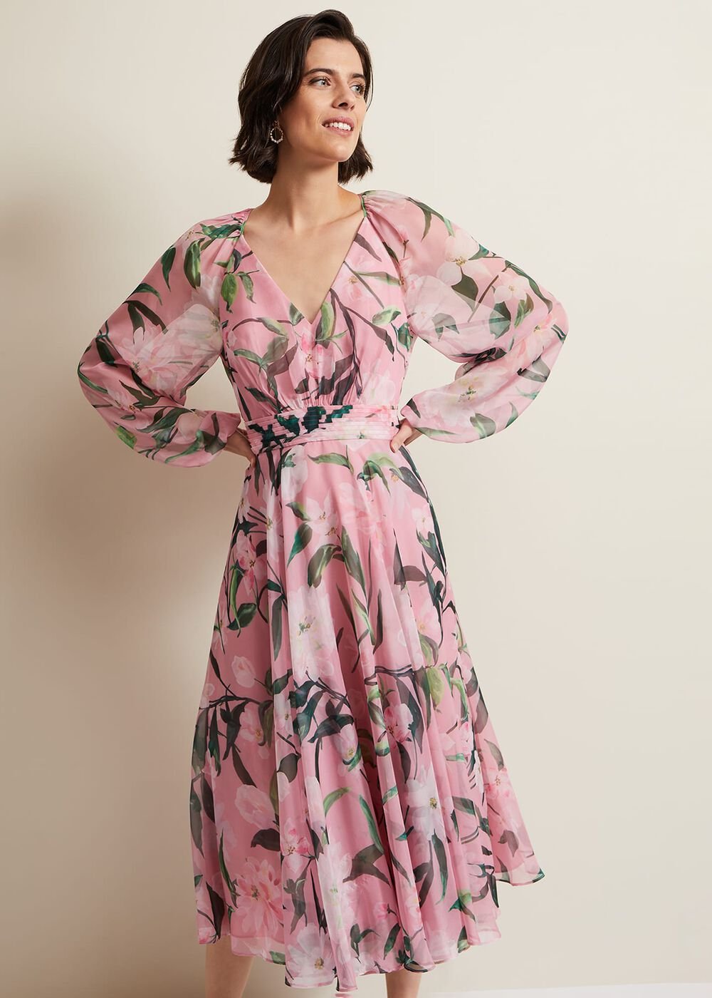 Lina Printed Long Sleeve Midi Dress Multi-Coloured