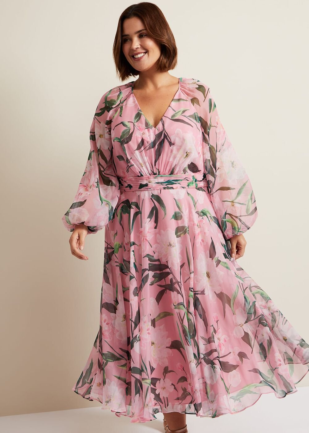 Lina Printed Long Sleeve Midi Dress Multi-Coloured