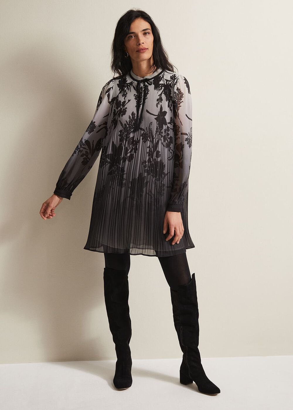 Sally Floral Pleated Swing Mini Dress Grey
