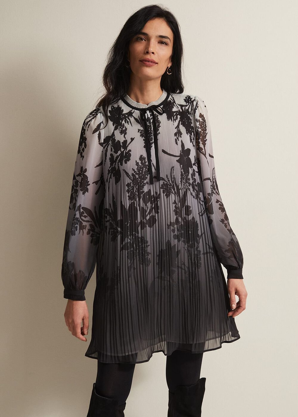 Sally Floral Pleated Swing Mini Dress Grey