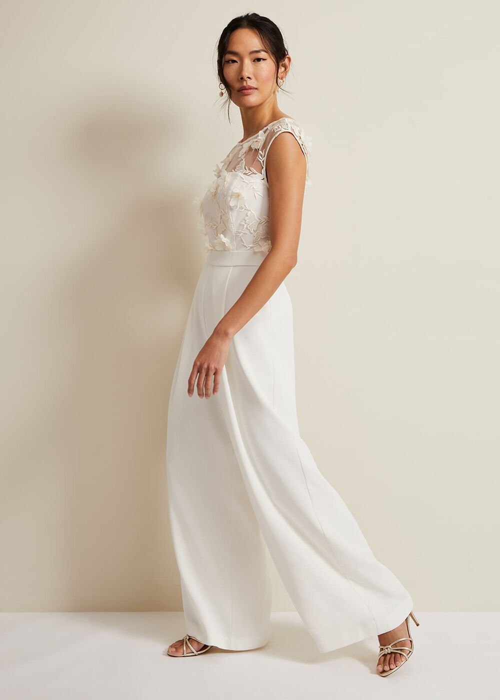 Cherie Bridal Floral Textured Jumpsuit Ivory