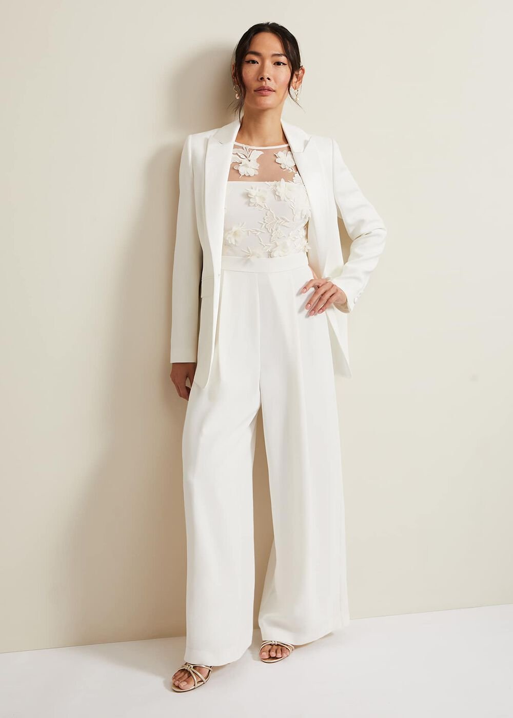 Cherie Bridal Floral Textured Jumpsuit Ivory