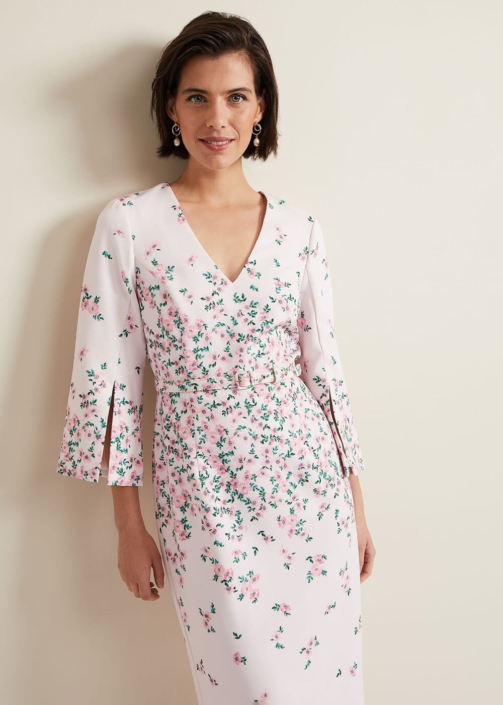 Giovanna Floral Belted Split Sleeve Dress Multi-Coloured