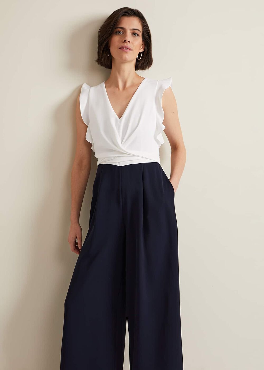 Ayla Ruffle Wrap Jumpsuit Navy/Ivory