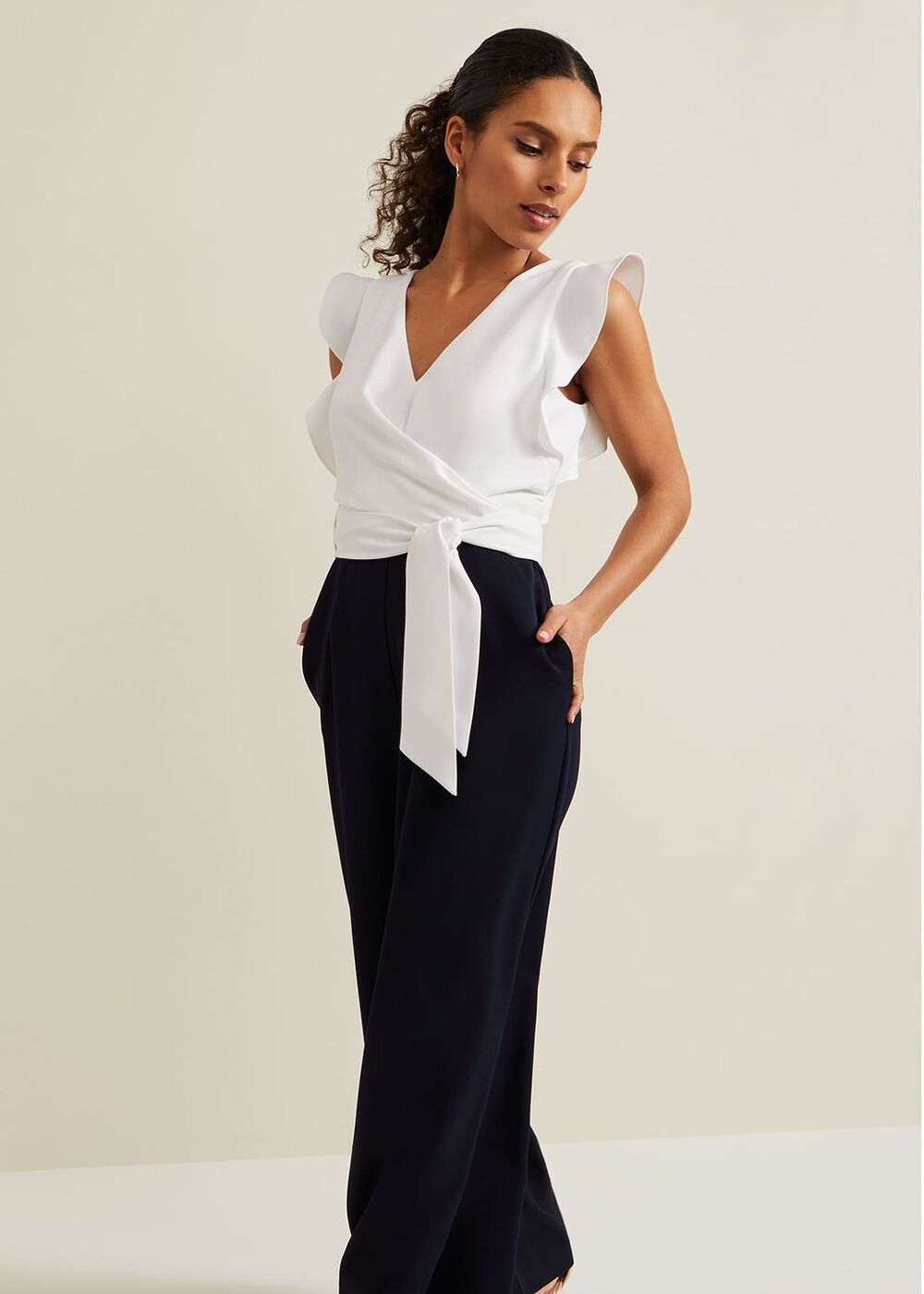 Petite Ayla Ruffle Colourblock Jumpsuit Navy/Ivory
