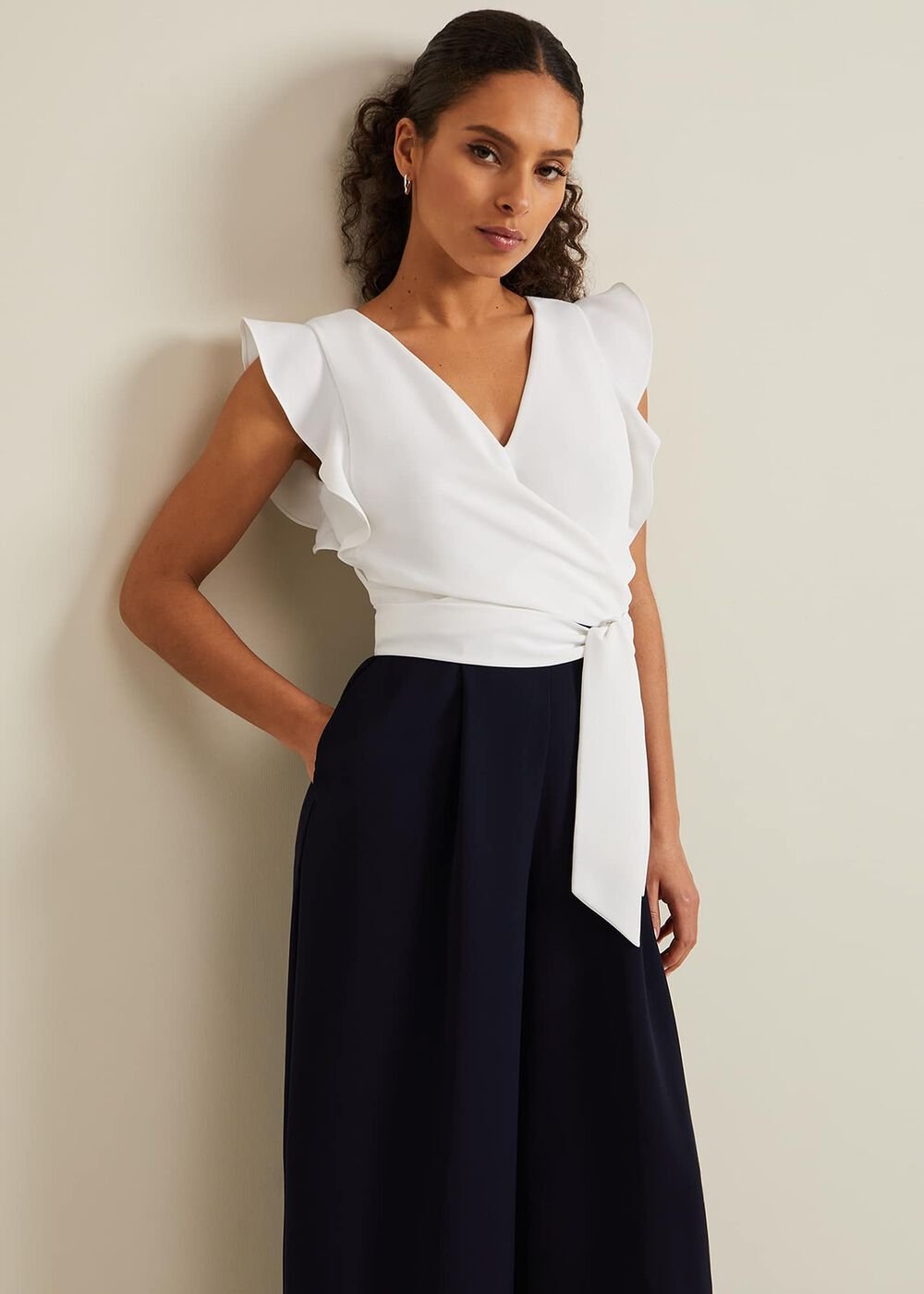 Petite Ayla Ruffle Colourblock Jumpsuit Navy/Ivory