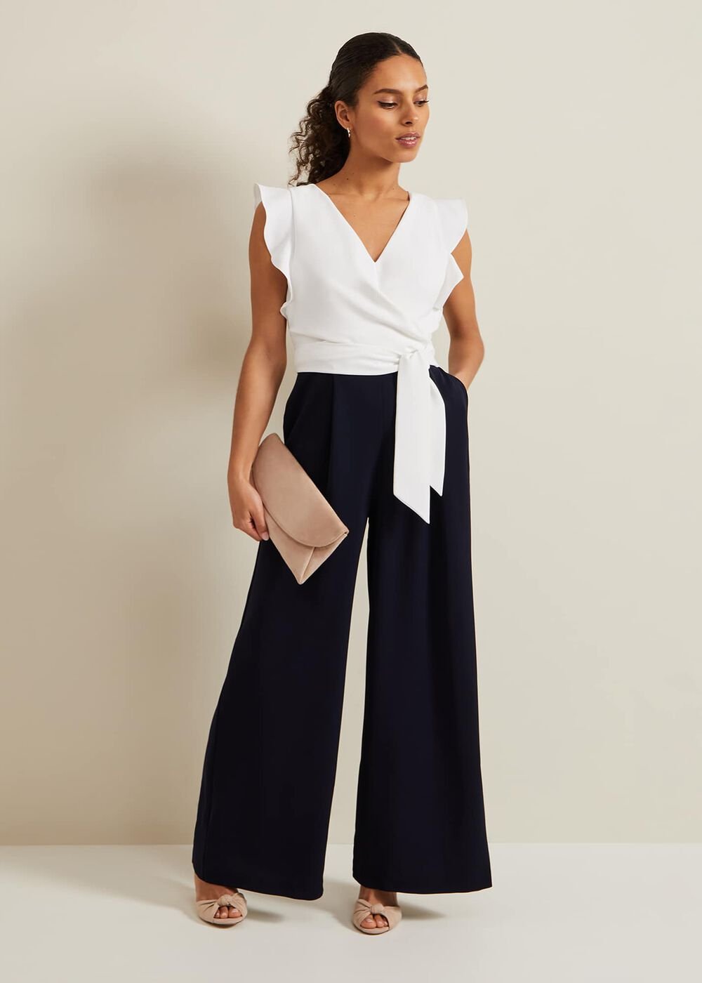 Petite Ayla Ruffle Colourblock Jumpsuit Navy/Ivory