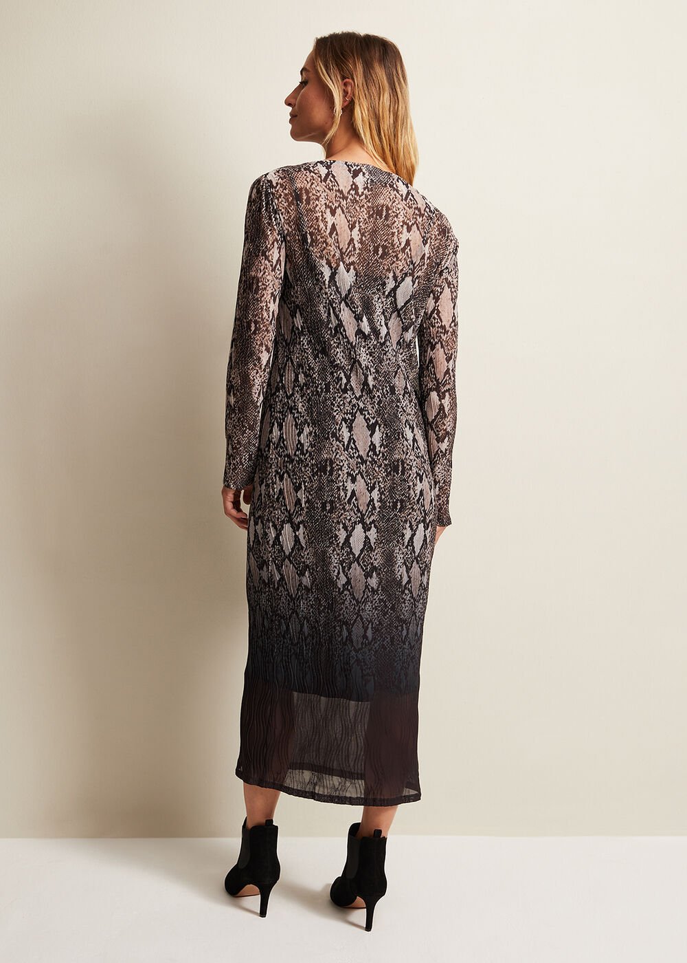 Alix Ombre Snake Midi Mesh Dress Brown