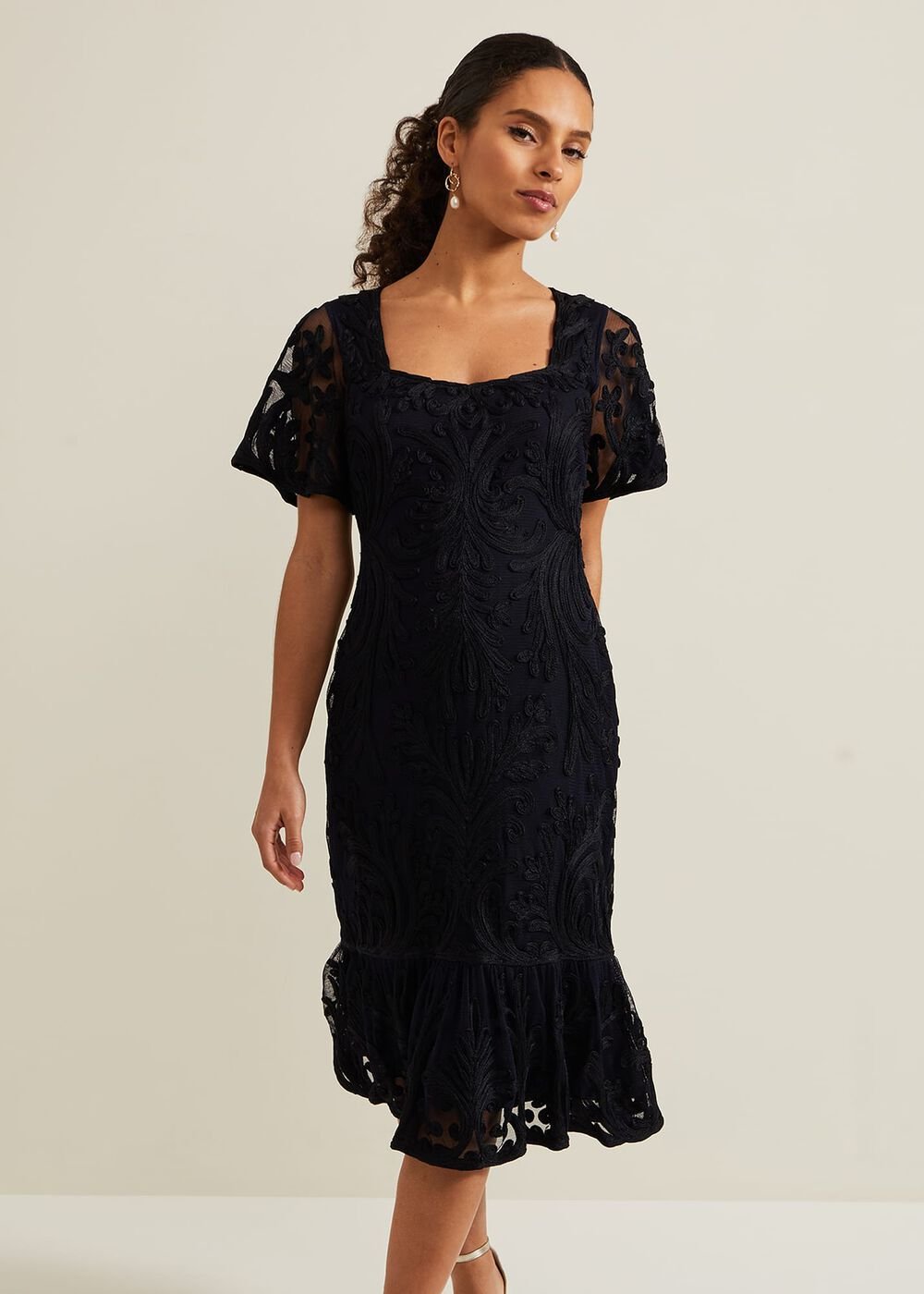 Petite Matilda Tapework Midi Dress Navy