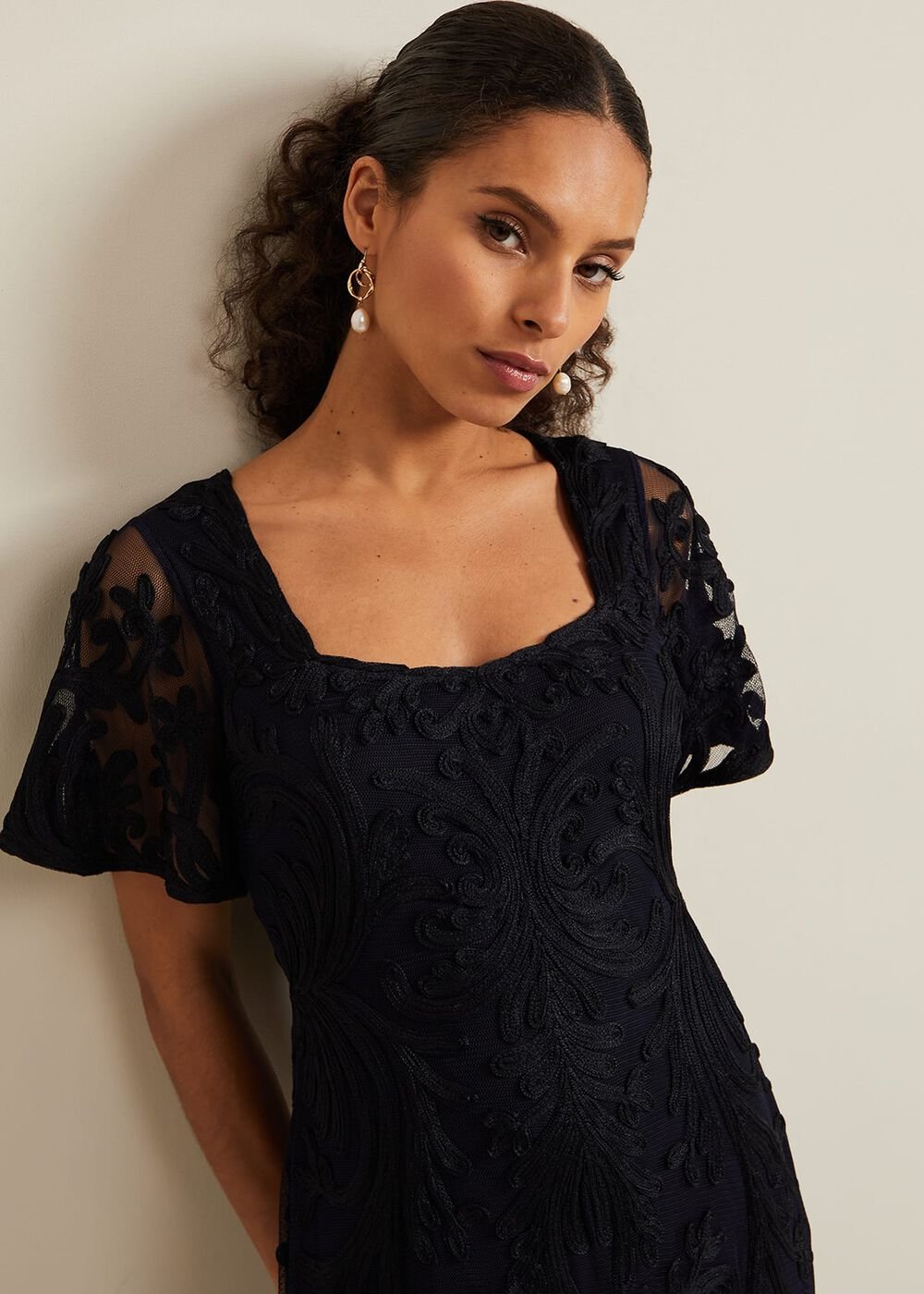 Petite Matilda Tapework Midi Dress Navy