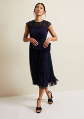Makaela Pleat Embroidered Dress Navy