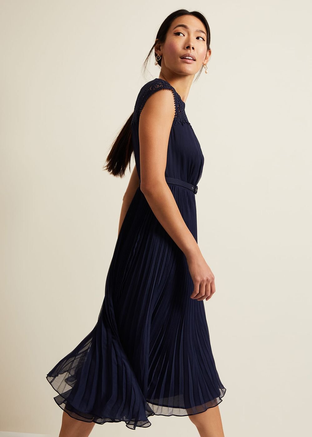 Makaela Pleat Embroidered Dress Navy