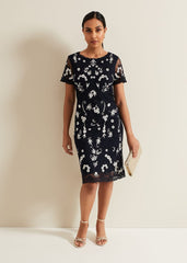 Petite Florisa Embroidered Dress Navy