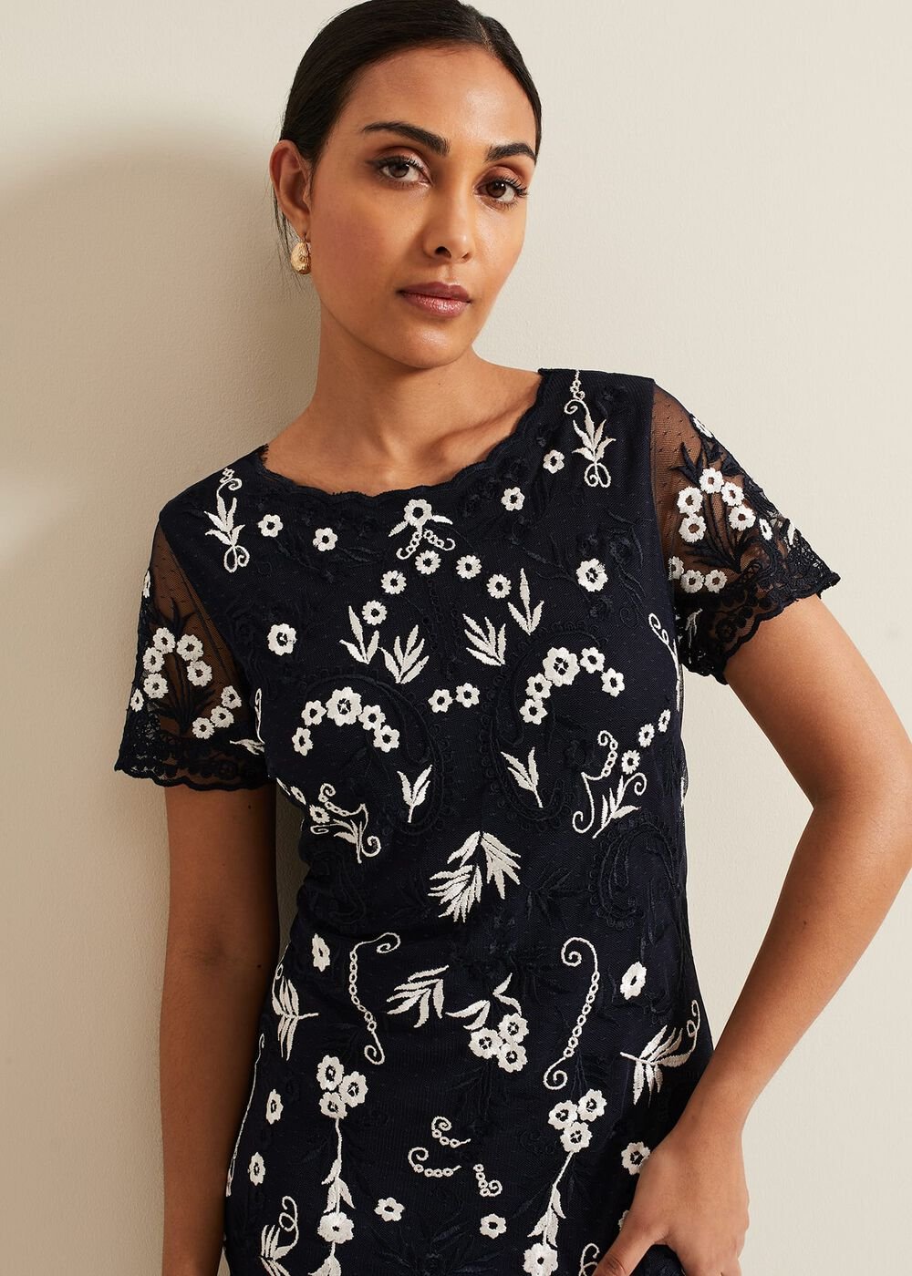 Petite Florisa Embroidered Dress Navy