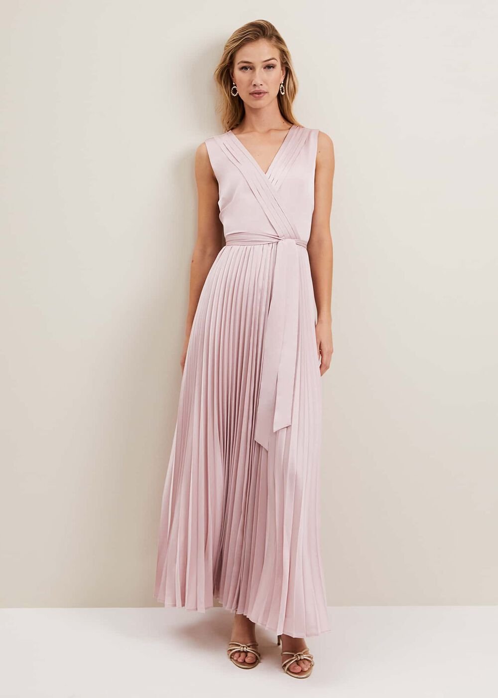 Bonnie Pleat Wrap Satin Maxi Dress Pink