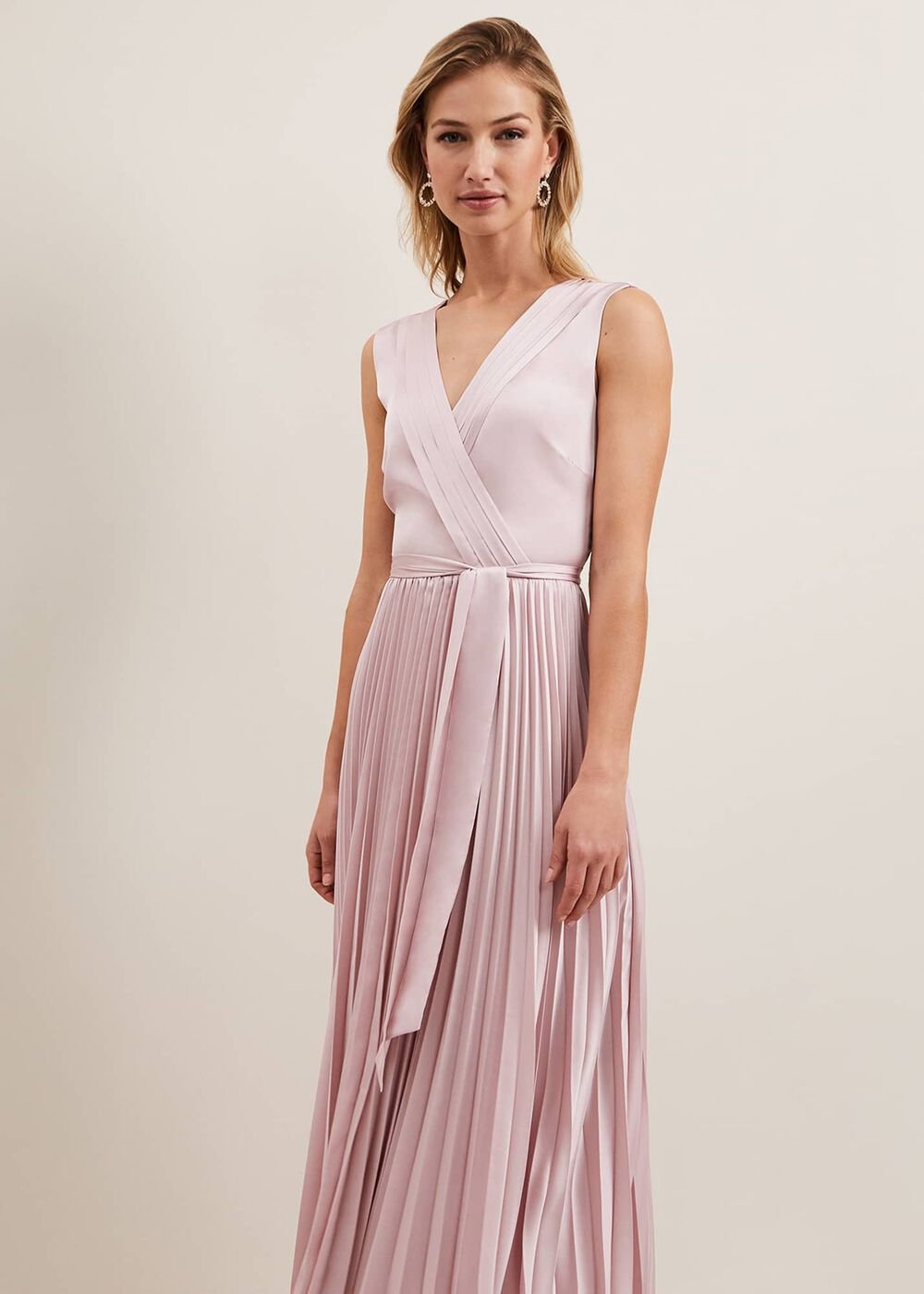 Bonnie Pleat Wrap Satin Maxi Dress Pink
