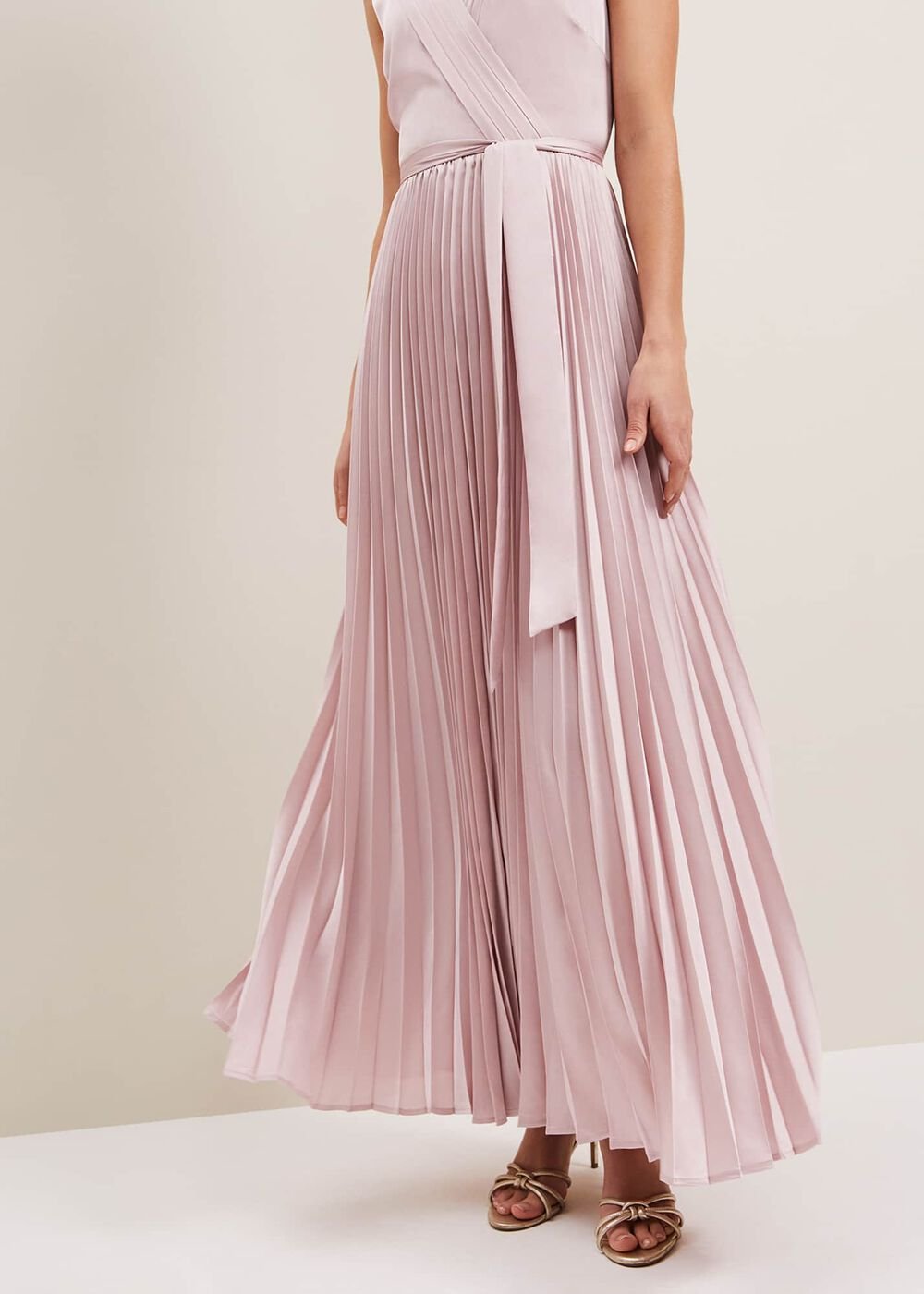 Bonnie Pleat Wrap Satin Maxi Dress Pink