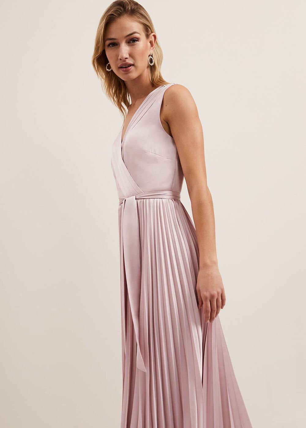Bonnie Pleat Wrap Satin Maxi Dress Pink