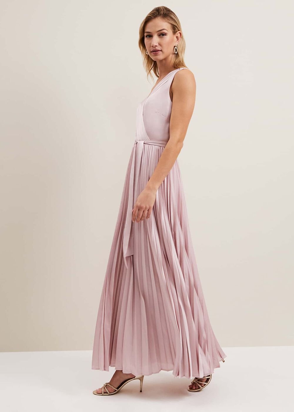 Bonnie Pleat Wrap Satin Maxi Dress Pink