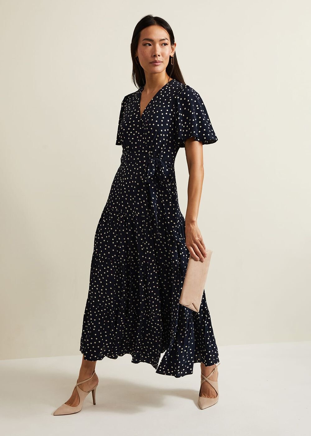 Jenna Black Spot Wrap Midaxi Dress Navy/Ivory