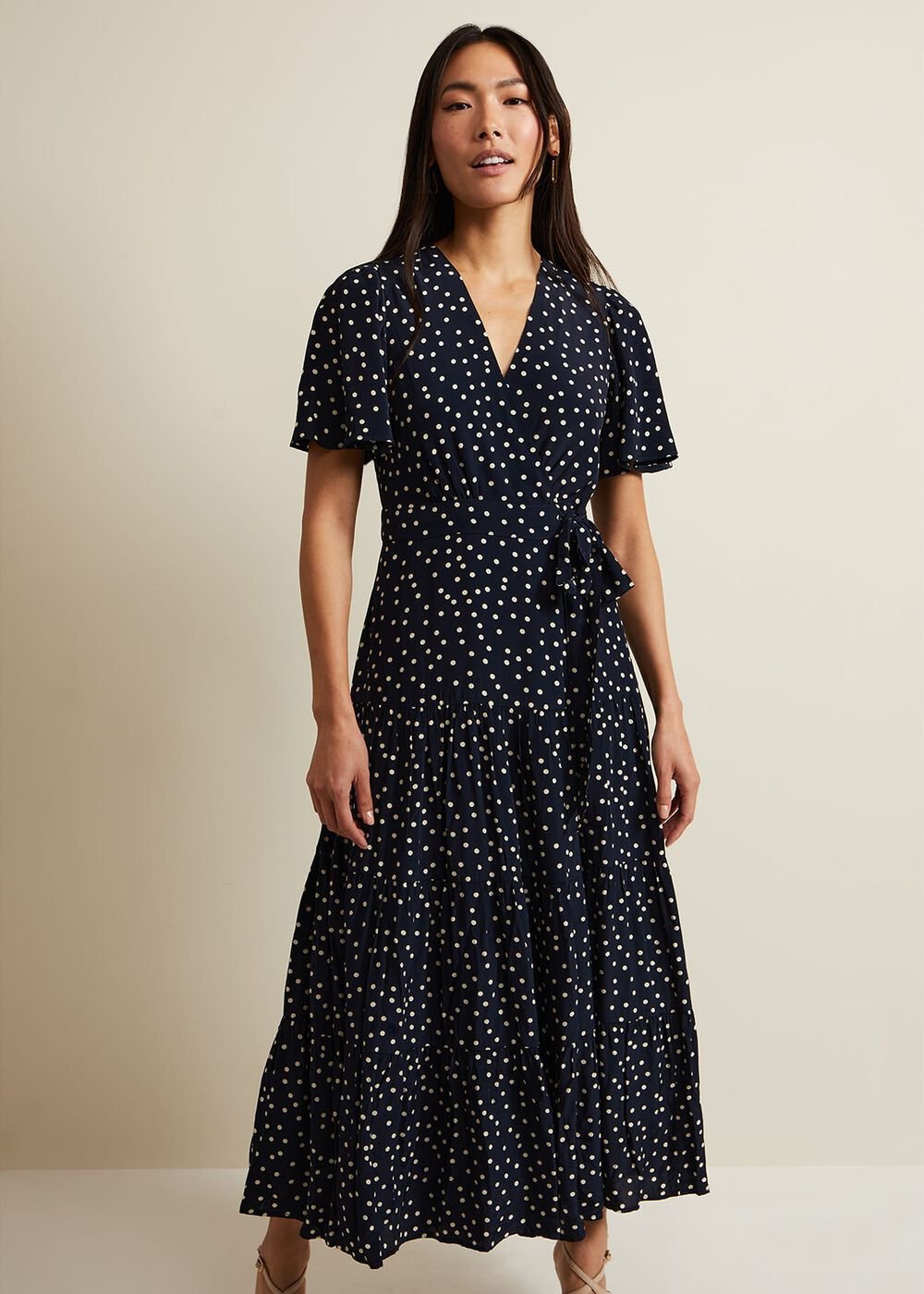 Jenna Black Spot Wrap Midaxi Dress Navy/Ivory