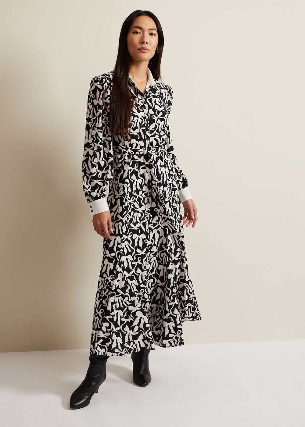 Bonnie Black Bow Shirt Midi Dress Black/Ivory