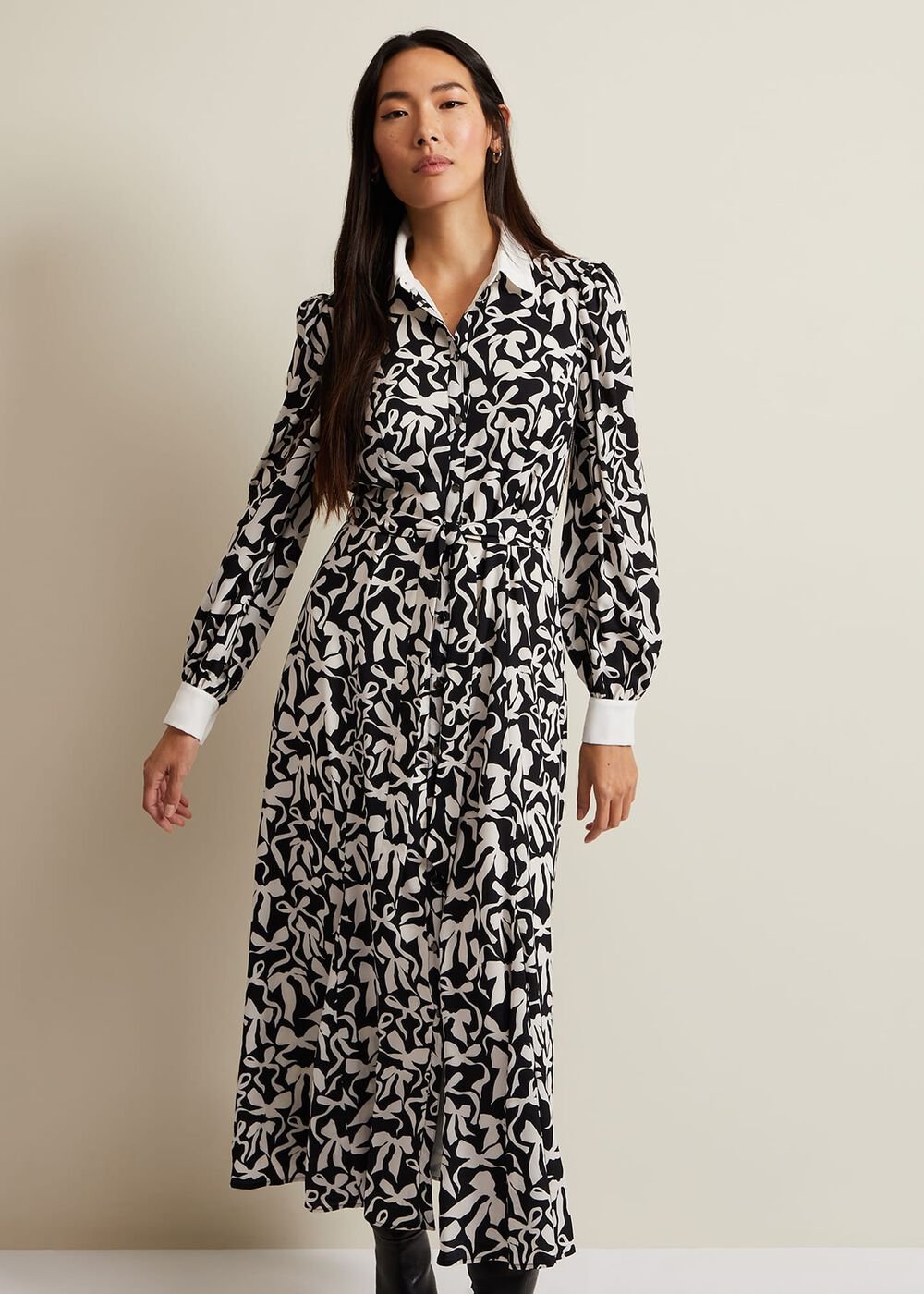 Bonnie Black Bow Shirt Midi Dress Black/Ivory