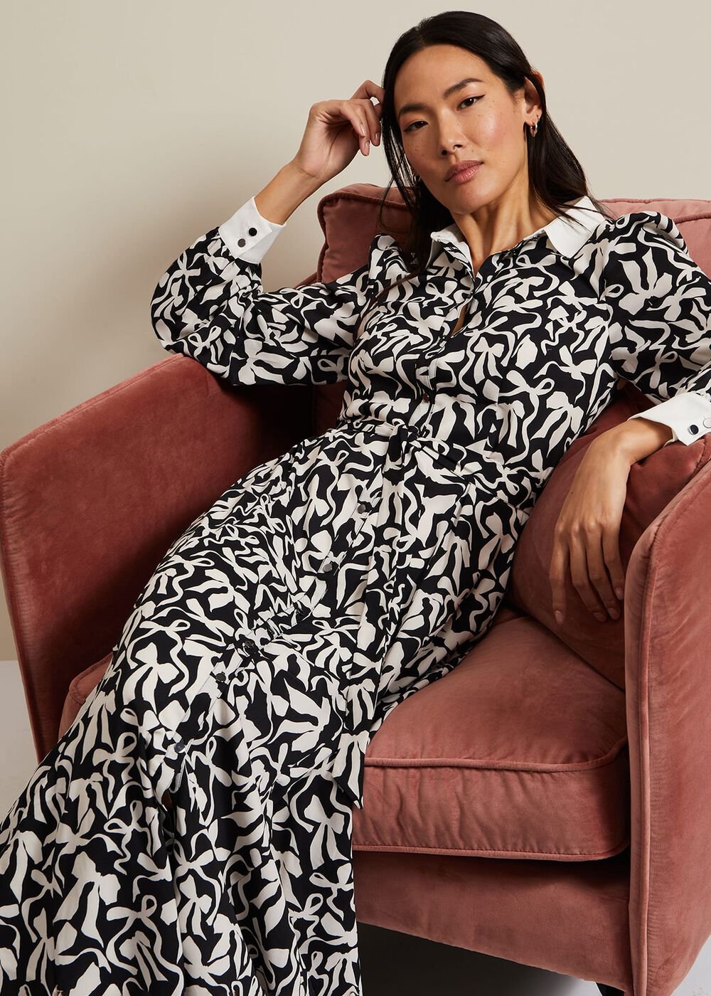 Bonnie Black Bow Shirt Midi Dress Black/Ivory