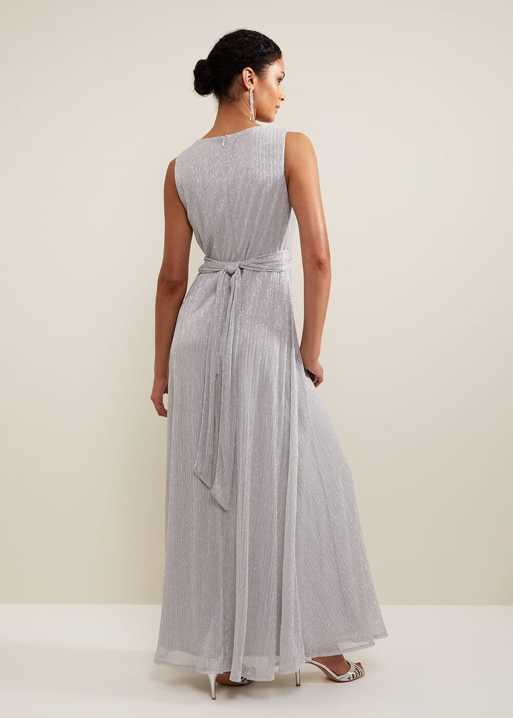 Artemis Plisse Shimmer Maxi Dress Silver