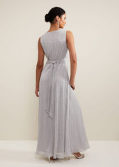 Artemis Plisse Shimmer Maxi Dress Silver