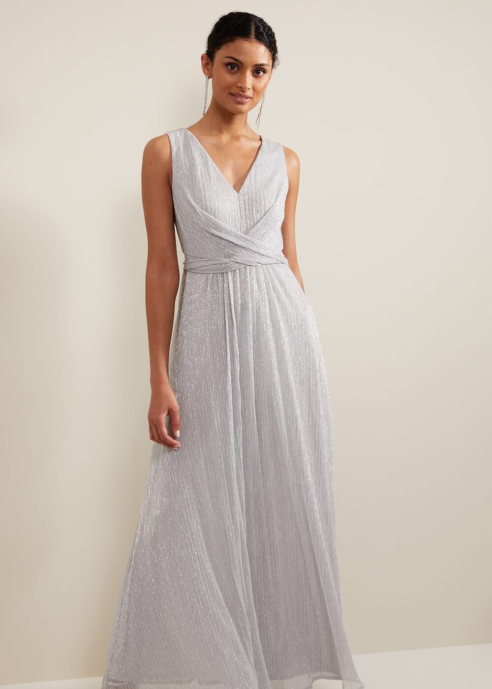 Artemis Plisse Shimmer Maxi Dress Silver