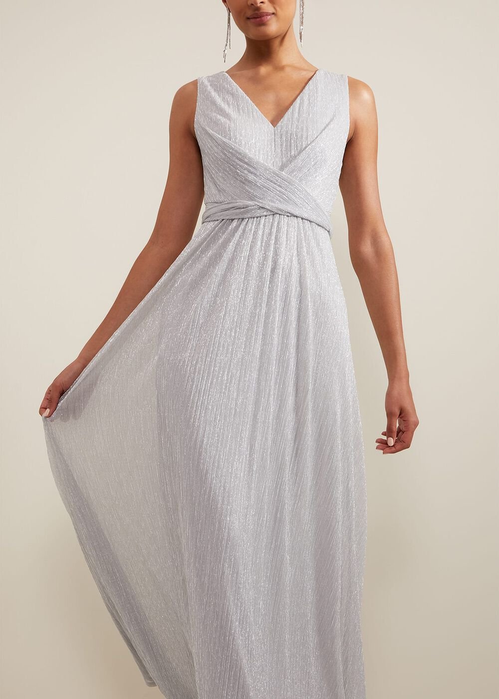 Artemis Plisse Shimmer Maxi Dress Silver