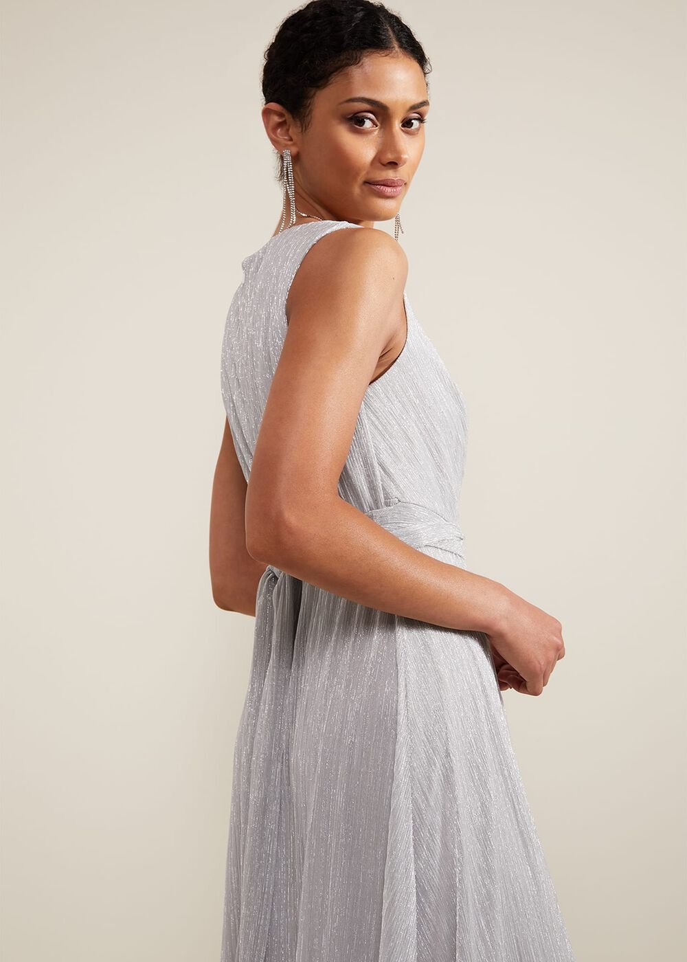 Artemis Plisse Shimmer Maxi Dress Silver