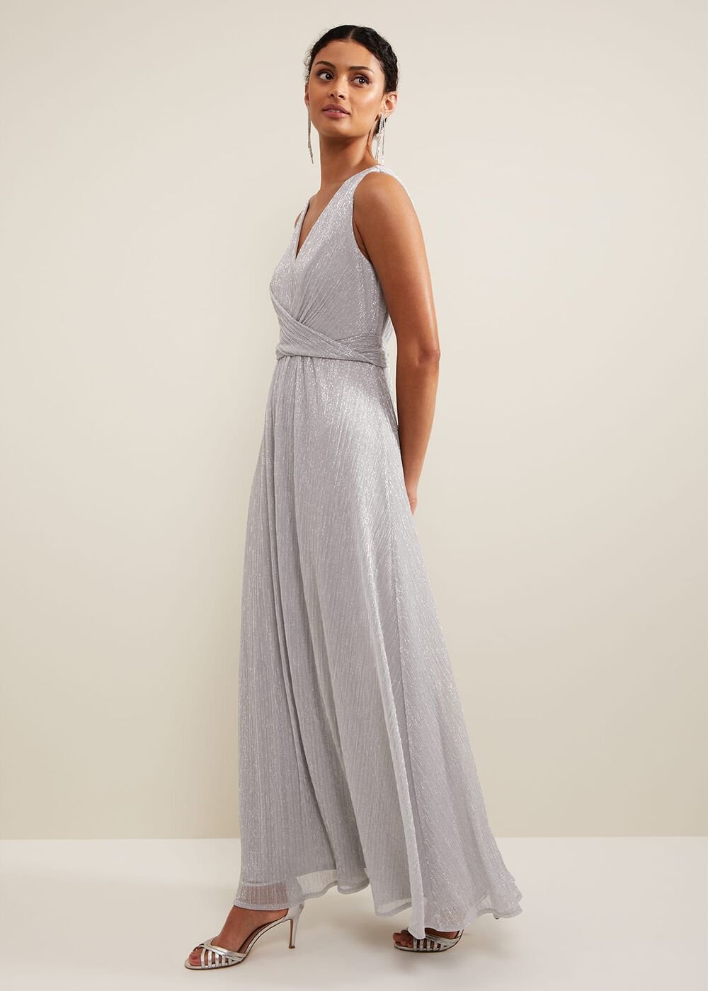 Artemis Plisse Shimmer Maxi Dress Silver
