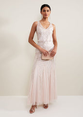 Lexi Ditsy Beaded Cowl Maxi Dress Pale Pink