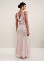Lexi Ditsy Beaded Cowl Maxi Dress Pale Pink