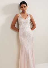 Lexi Ditsy Beaded Cowl Maxi Dress Pale Pink