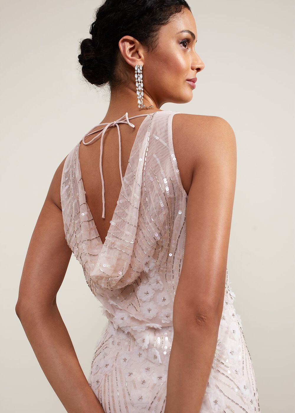 Lexi Ditsy Beaded Cowl Maxi Dress Pale Pink