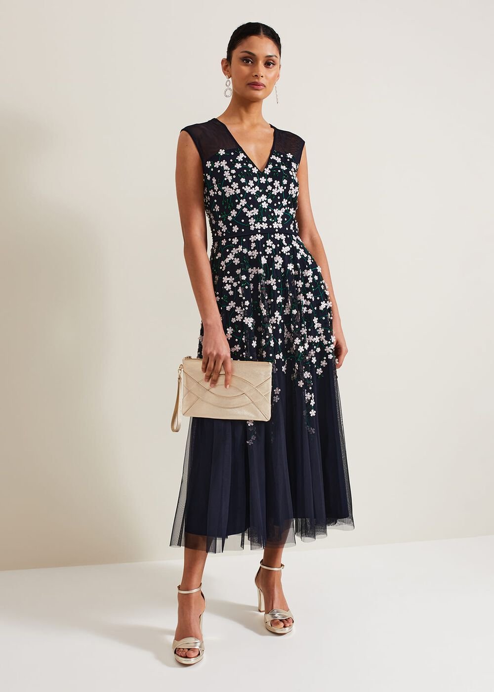 Ellen Blossom Beaded Midi Dress Navy