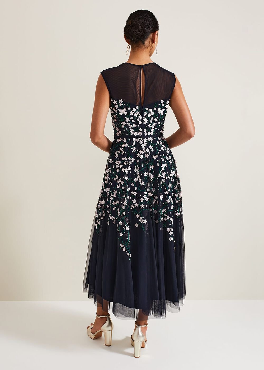 Ellen Blossom Beaded Midi Dress Navy