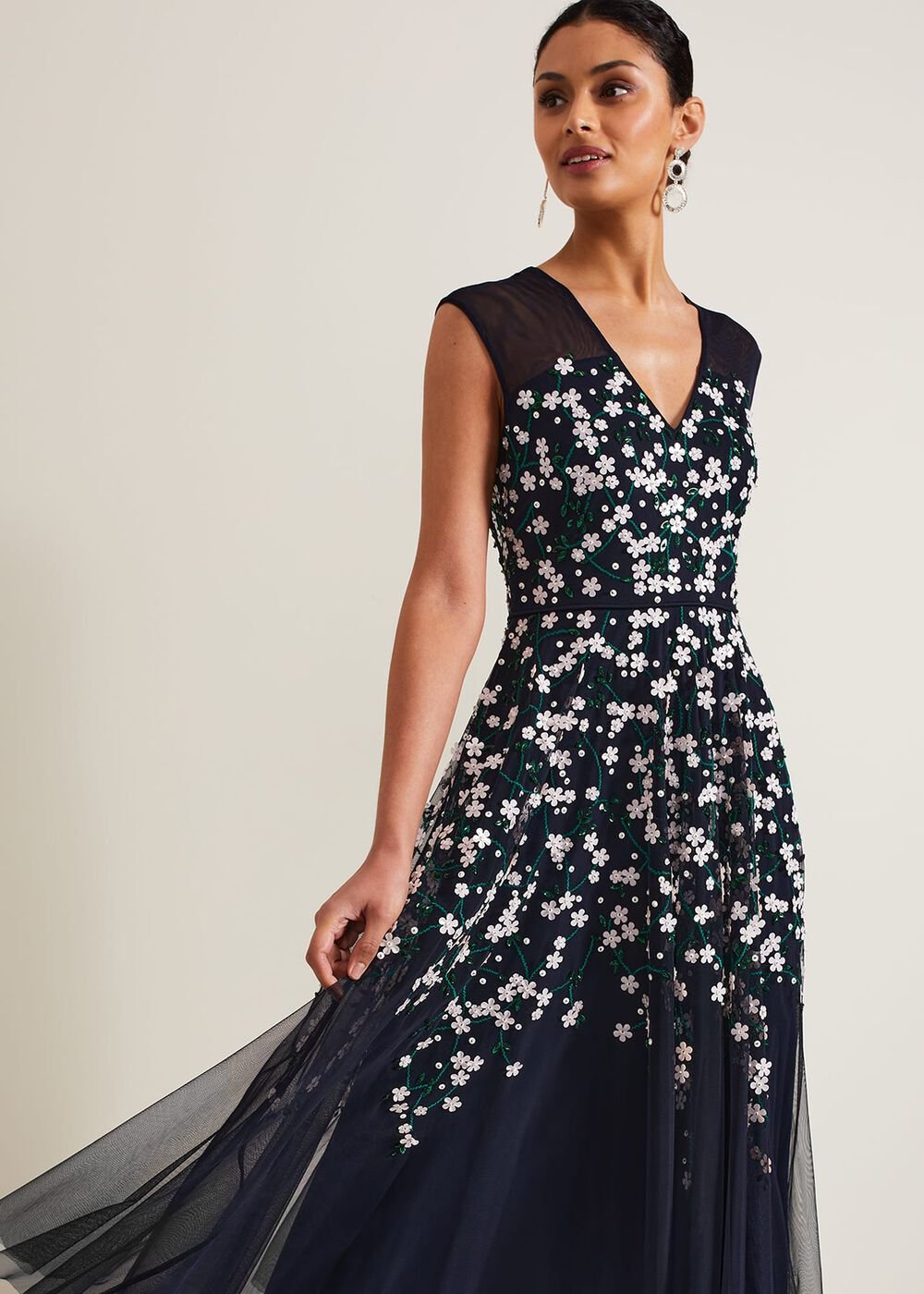Ellen Blossom Beaded Midi Dress Navy